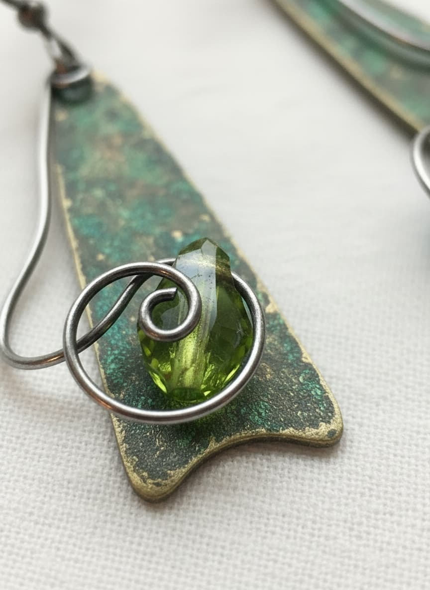 Macro close-up of the bead and wire swirl on the artistic earring