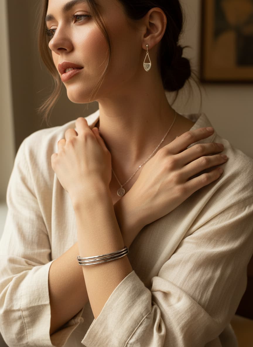 Model wearing the silver-tone triple-row cuff bangle