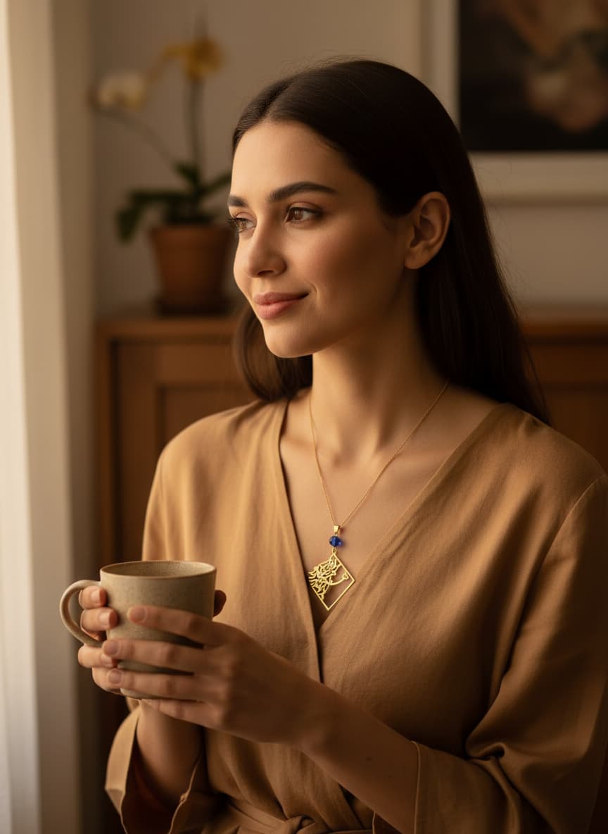 Model wearing the calligraphy necklace