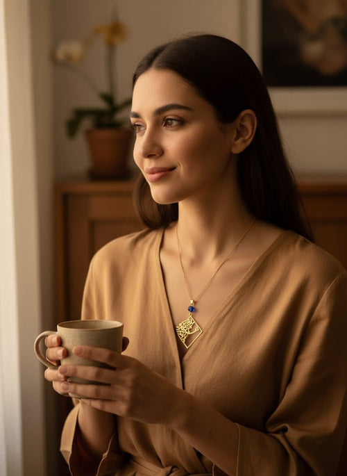 Model wearing the calligraphy necklace
