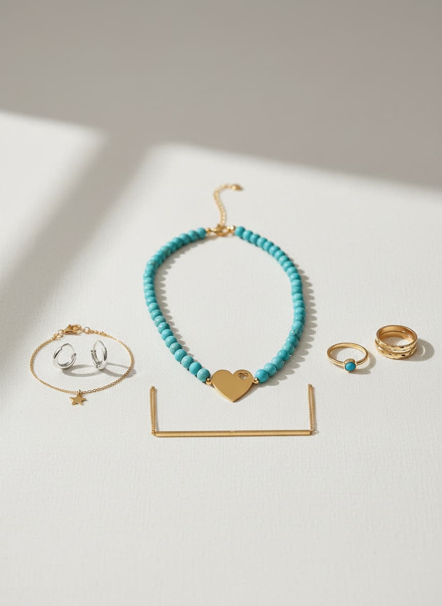 Gold-Plated Heart Necklace with Turquoise Beads