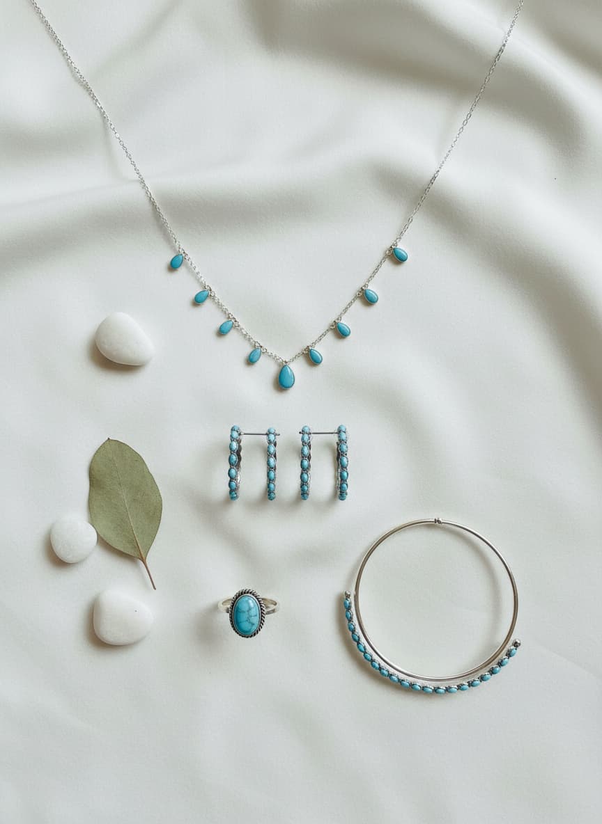 Silver-plated turquoise earrings styled in a flatlay with turquoise jewelry