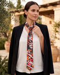 Model wearing a Persian floral and calligraphy silk tie