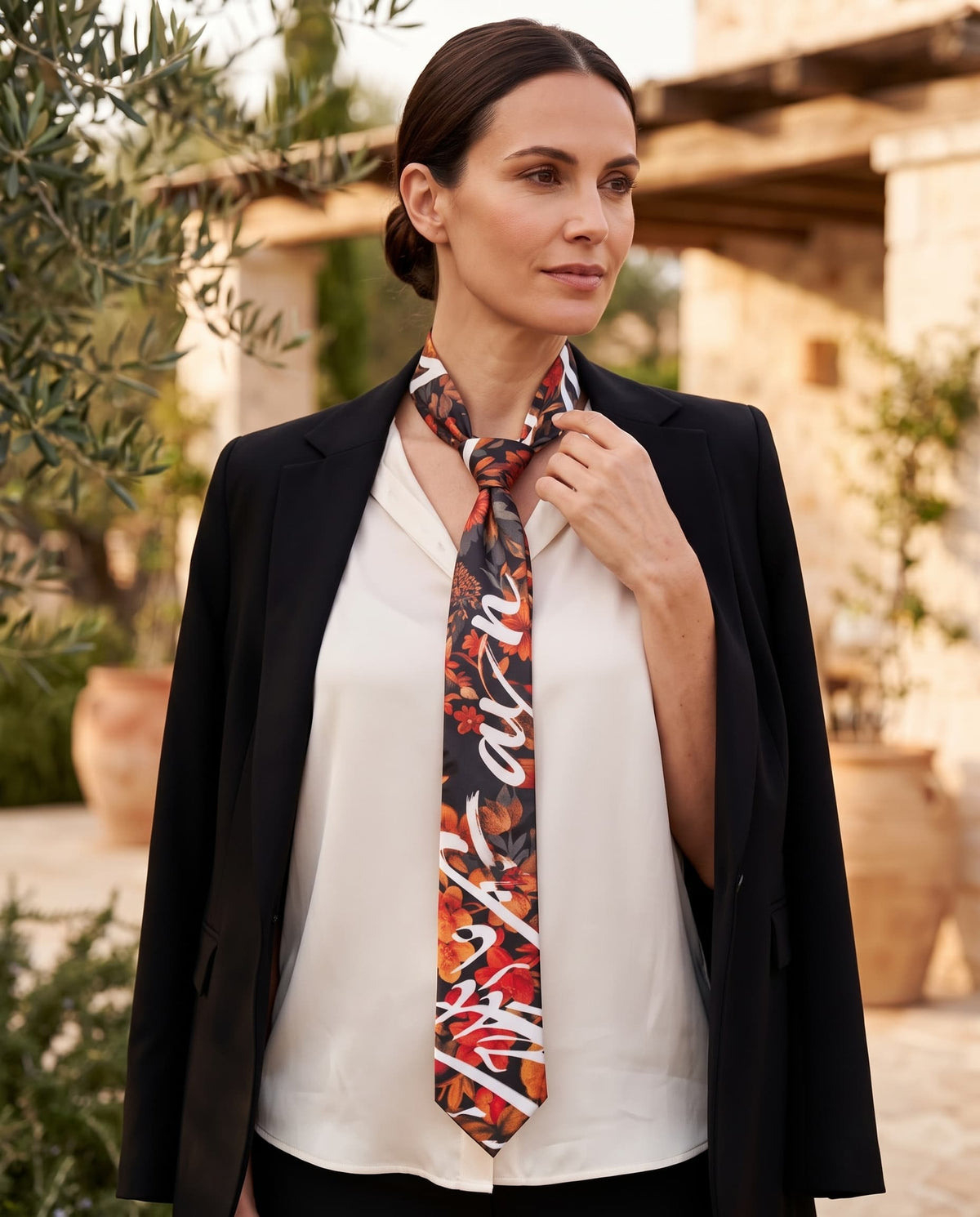 Model wearing a Persian floral and calligraphy silk tie