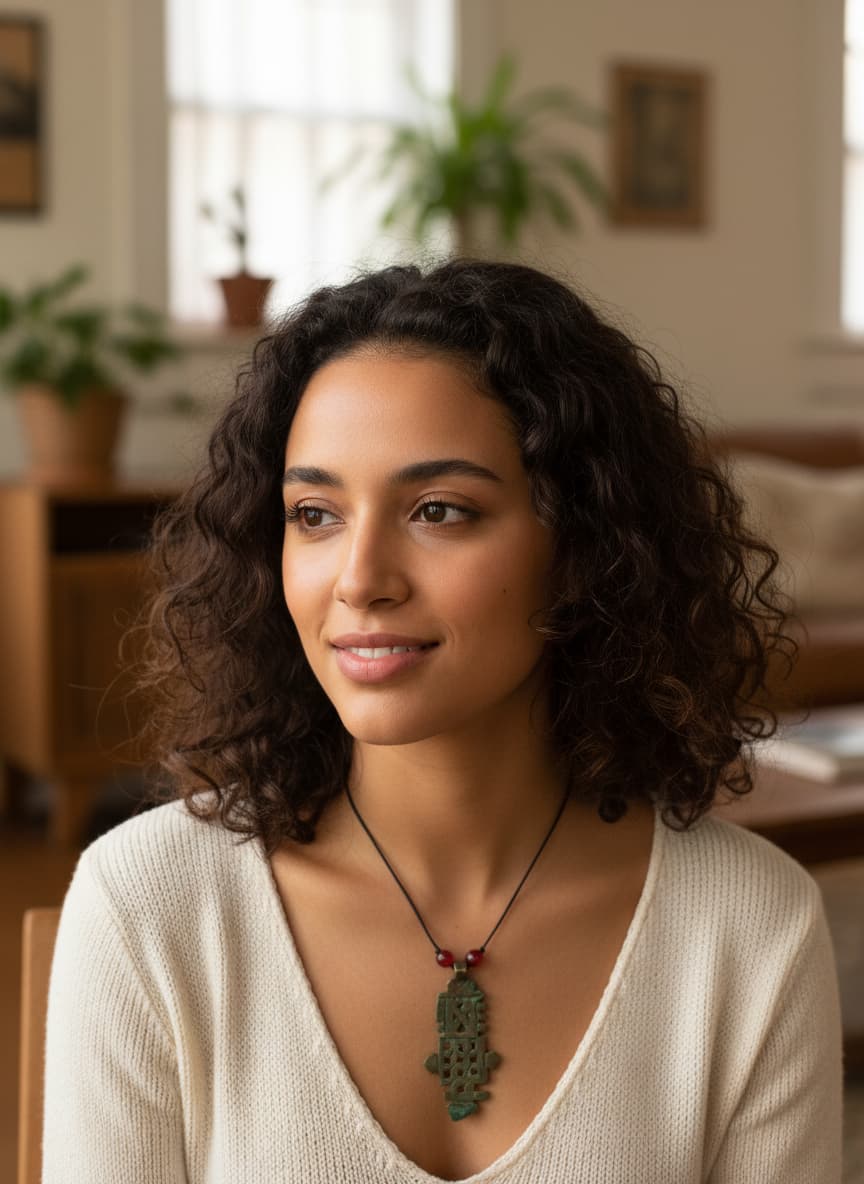 Model wearing the brass-plated antique pendant necklace