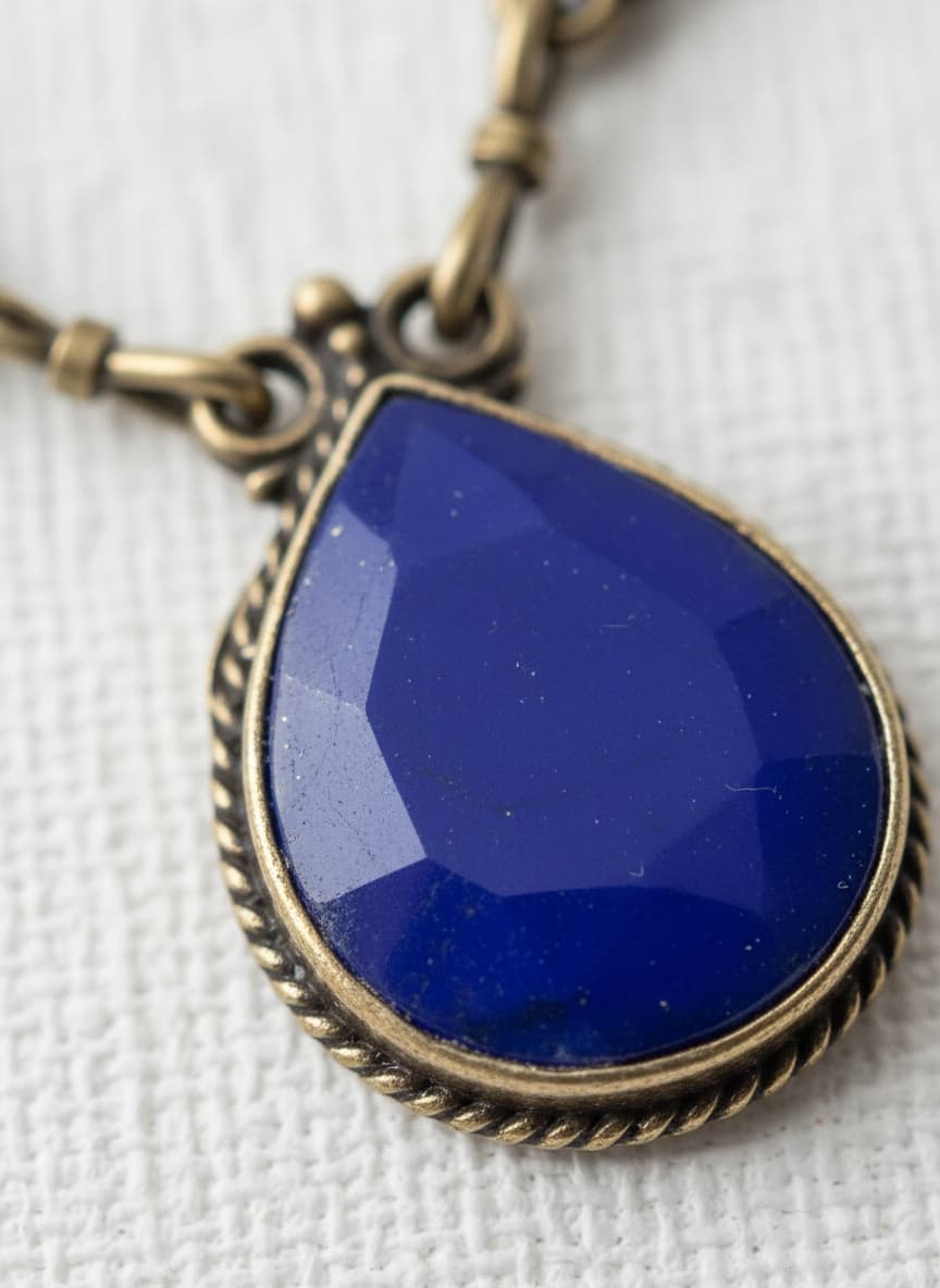 Macro close-up of the lapis lazuli pendant in engraved silver frame