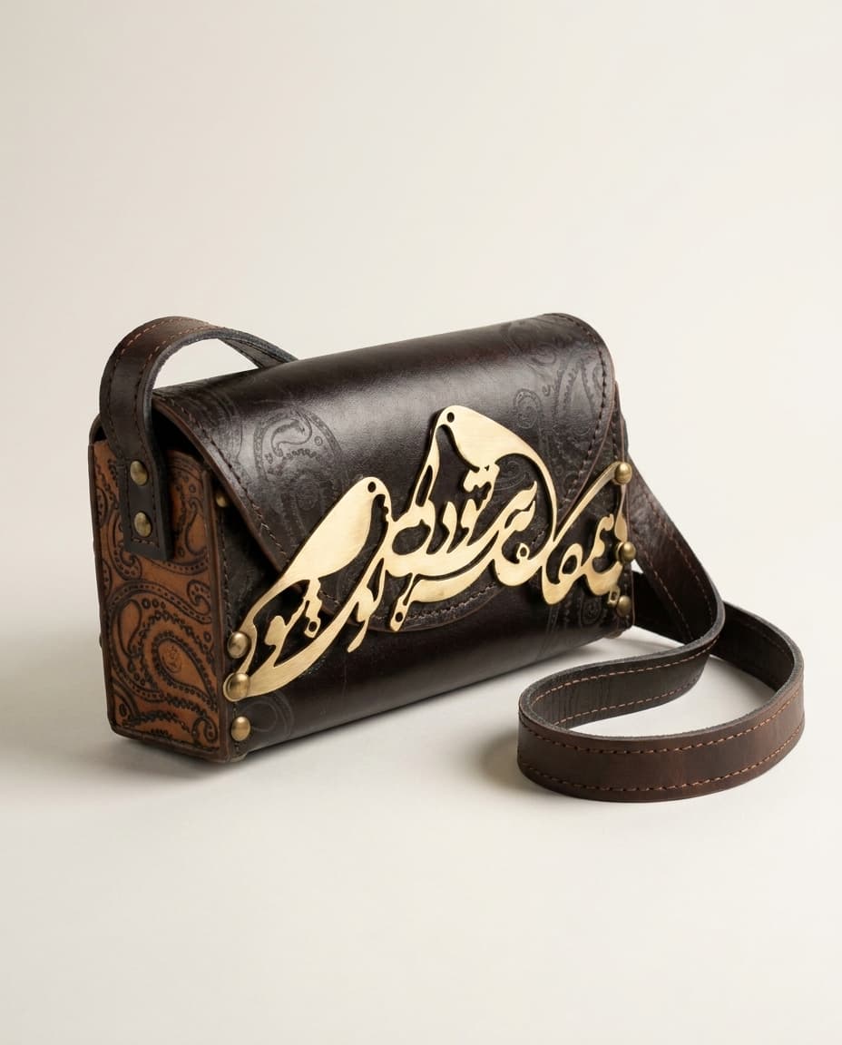 Brown leather crossbody bag with calligraphy bird ornament