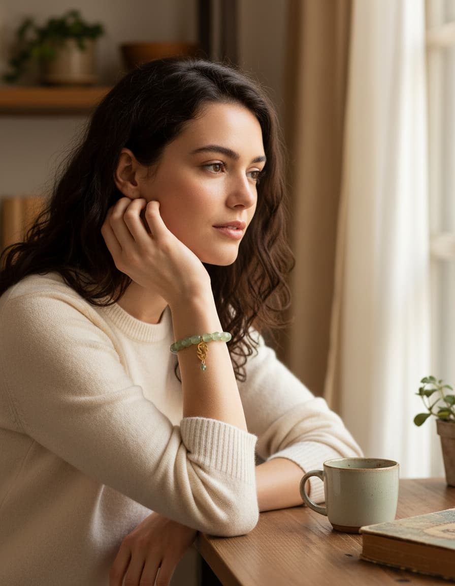 Model wearing the jade eshgh bracelet