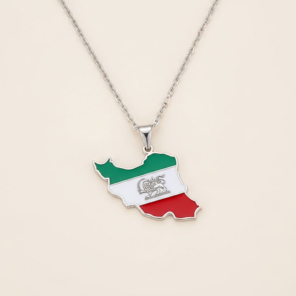 Silver-tone Iran map necklace with lion-and-sun pendant on a chain