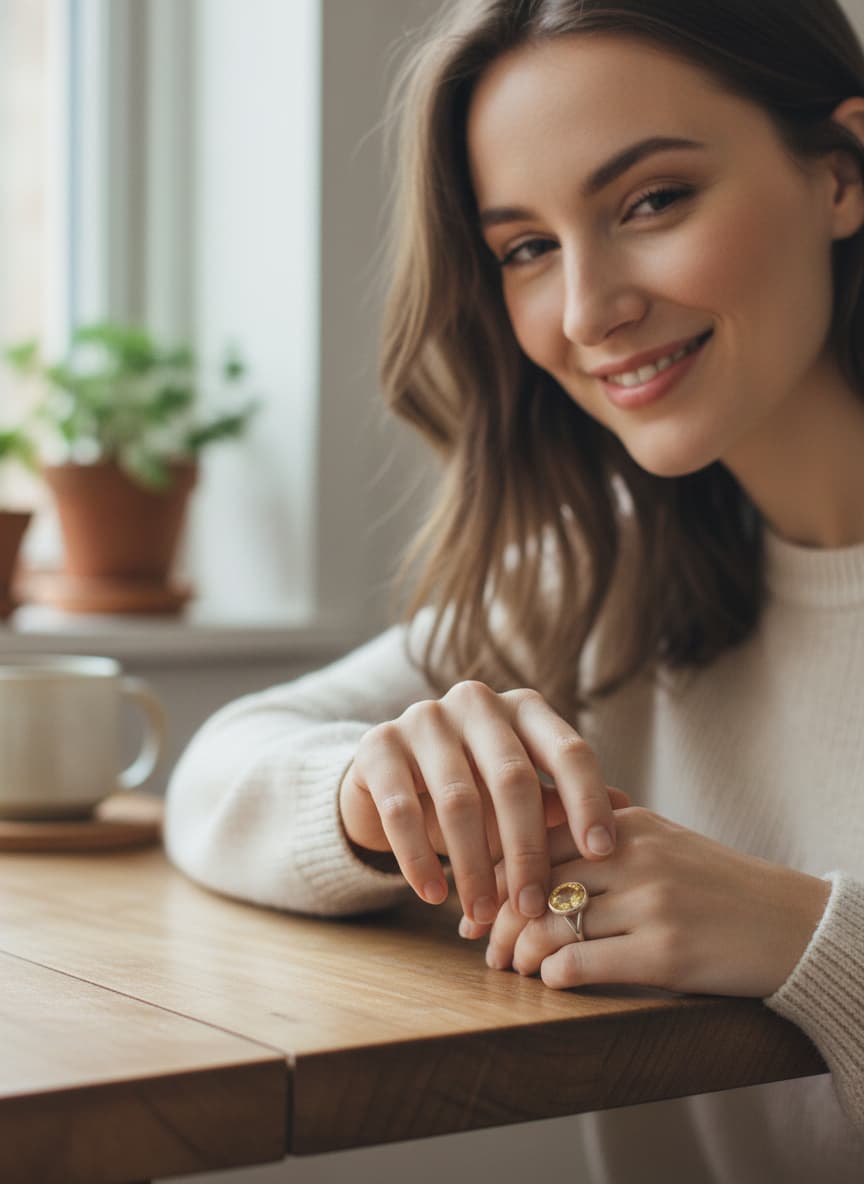 Model wearing the honey-yellow oval stone ring at a table