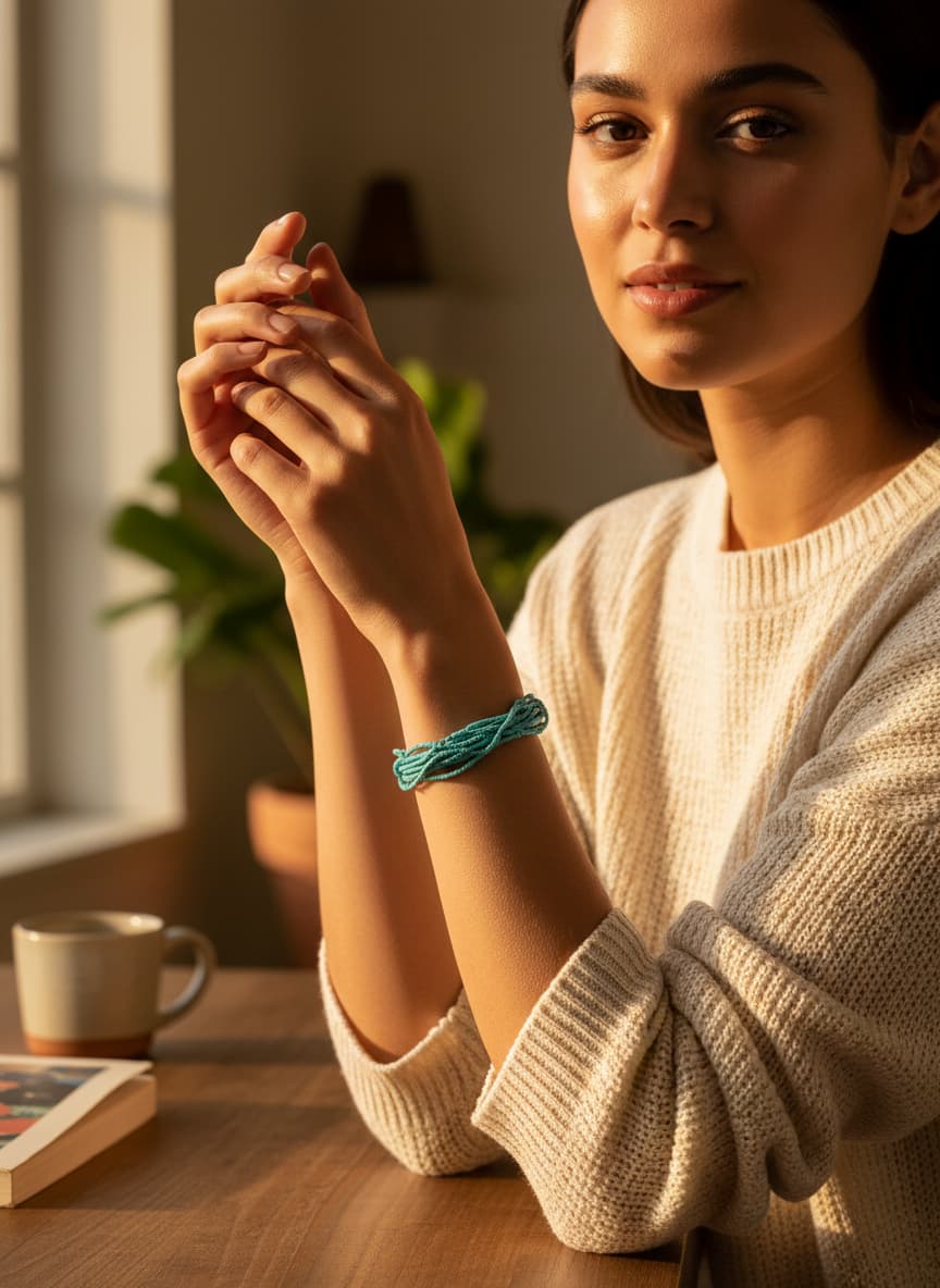 Model wearing the turquoise calligraphy bracelet