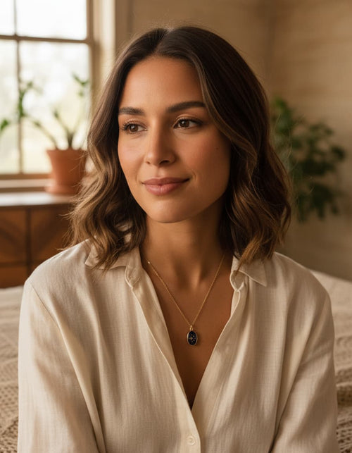 Model wearing the amethyst star necklace