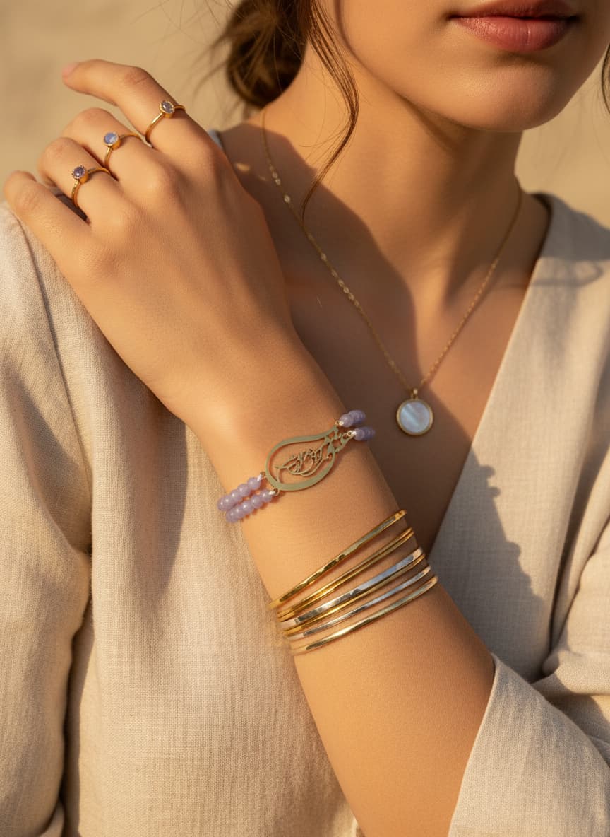 Model wearing the calligraphy bracelet