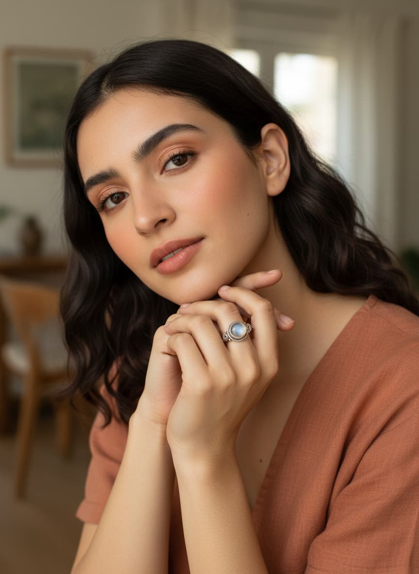 Model wearing the silver moonstone bohemian ring