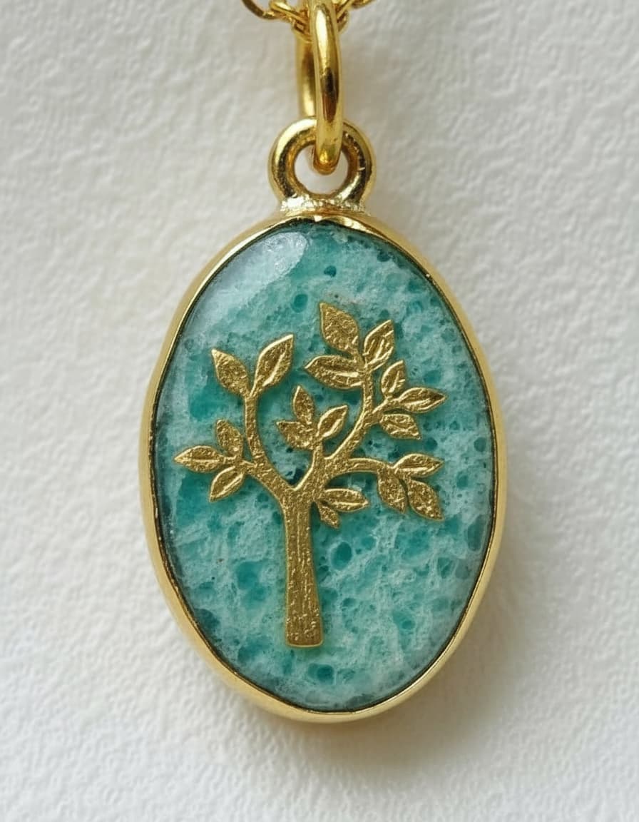 Macro close-up of the gold tree-of-life jade pendant