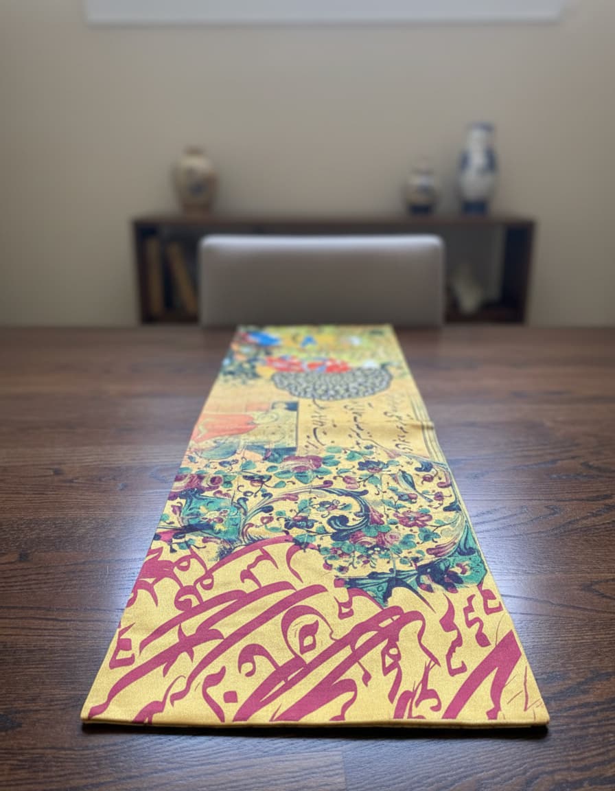 Gold velvet runner with calligraphy poem and miniatures