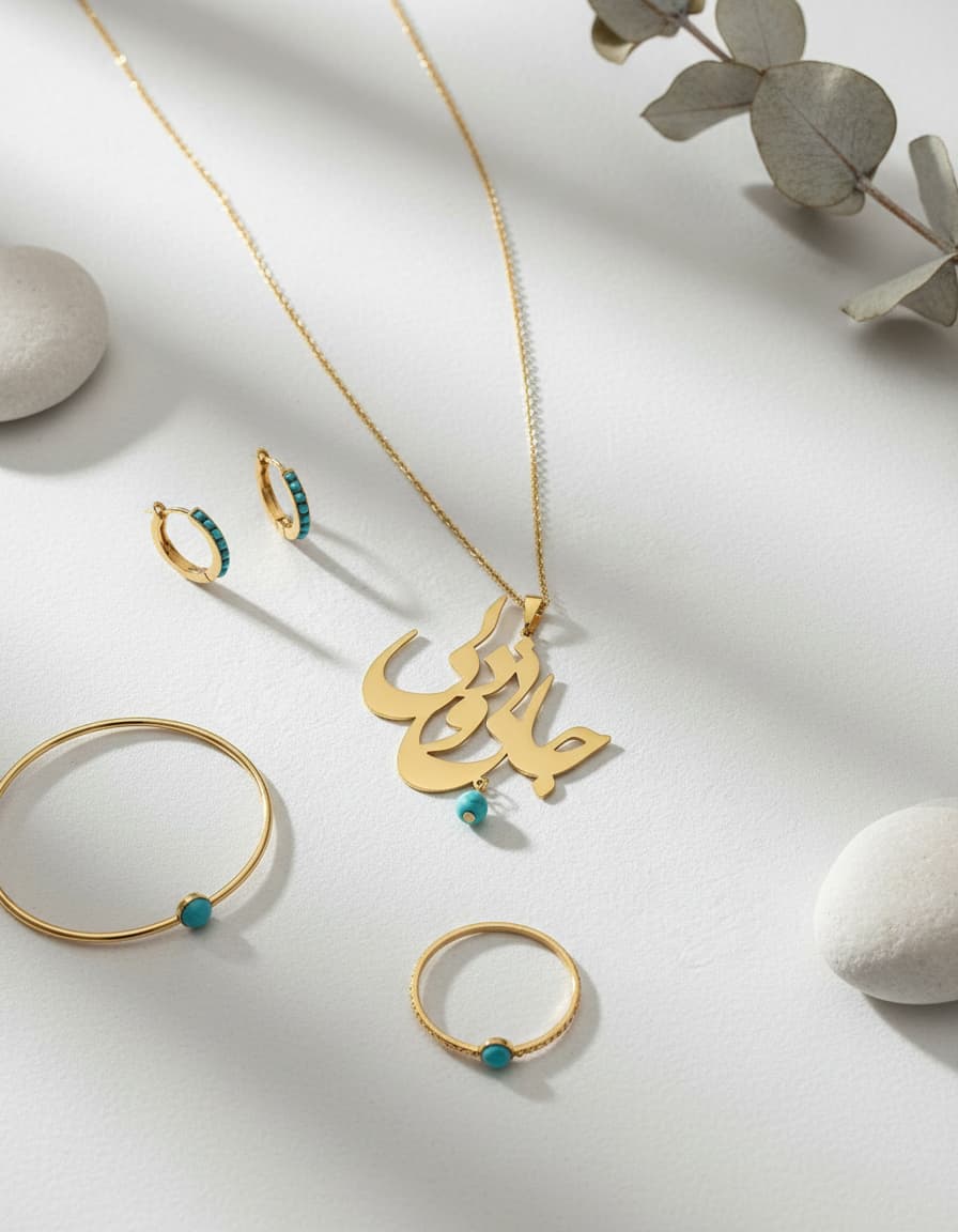 Model wearing a gold-tone Persian calligraphy pendant necklace with a turquoise-blue bead and a cream V-neck blouse.