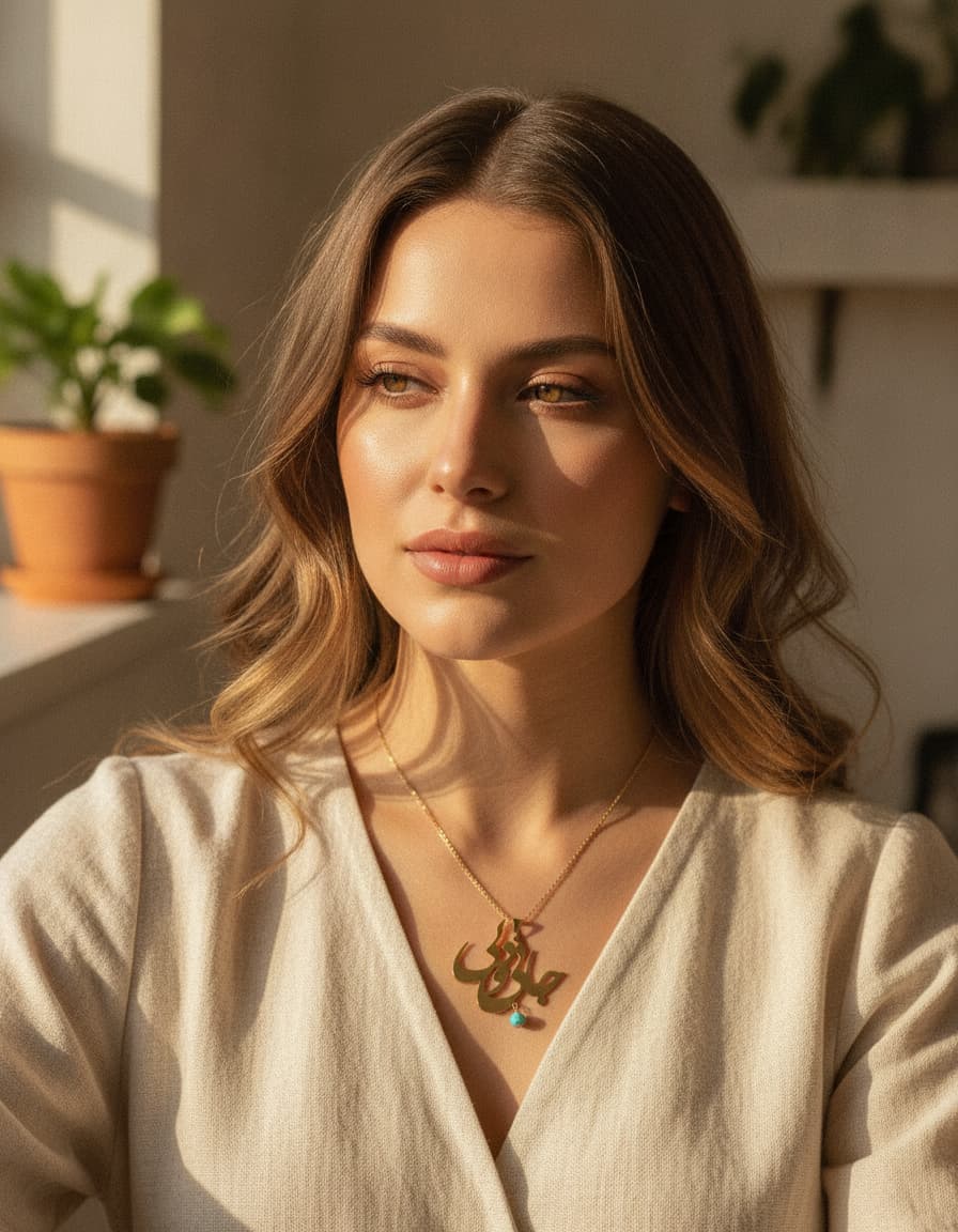 Persian calligraphy necklace styled beside gold-tone hoop earrings, a bangle and a ring with turquoise-blue accents.