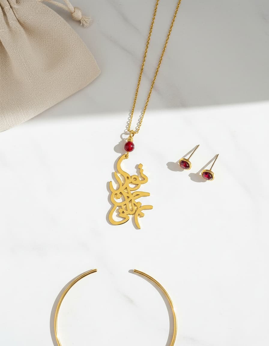 Gold Calligraphy Garnet Bead Necklace