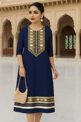 Kurdish Embroidered Navy Midi Dress by Adrissa Design