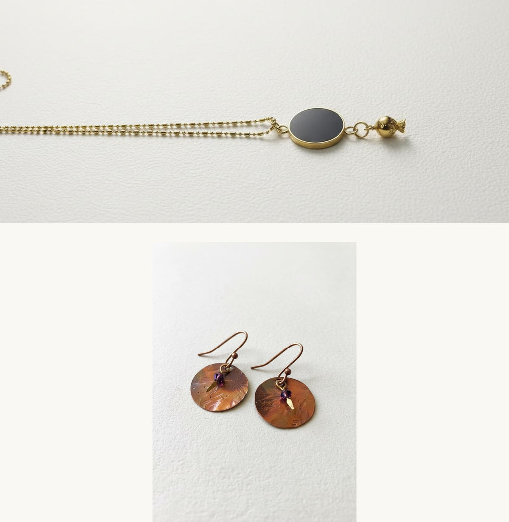 Pomegranate Gift Set — brass pomegranate necklace with black enamel disc and hammered copper disc earrings